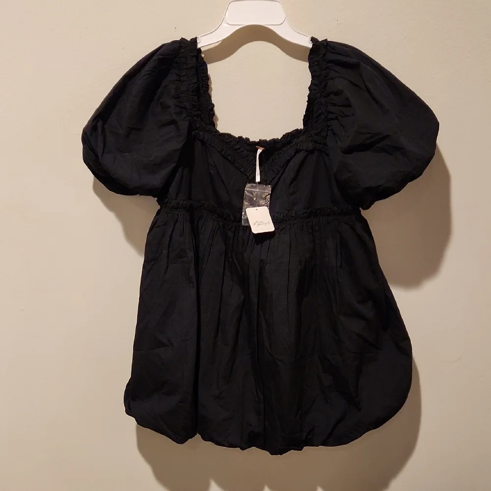 ❤️ NWT! FREE PEOPLE RENDEVOUS ME BLACK PUFF SLEEVE POPLIN MINI DRESS, MEDIUM